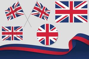 ensemble de drapeaux du royaume-uni dans différents modèles, icône, drapeaux écorchés avec ruban avec arrière-plan. vecteur libre