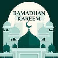 salutation de ramadan kareem, illustration de mosquée carrée de fond de poste d'alimentation avec clair de lune vecteur