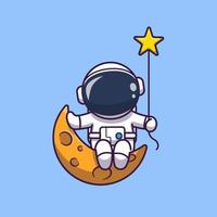astronaute mignon assis sur la lune avec illustration d'icône de vecteur de dessin animé étoile. concept d'icône de technologie scientifique isolé vecteur premium. style de dessin animé plat