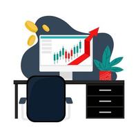 bureau du trader avec des graphiques sur le moniteur. trading, cotations, actions, concept d'investissement. illustration vectorielle de dessin animé plat vecteur