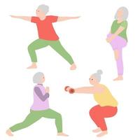 un groupe de femmes plus âgées pratique des cours de yoga. les femmes font des étirements. illustration vectorielle sur fond blanc. dessin à main levée. pour l'impression, la conception web. vecteur
