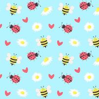 coccinelle de dessin animé, abeille, marguerites et motif sans couture de coeurs. peut être utilisé pour le textile, l'arrière-plan, la couverture de livre, l'emballage. vecteur