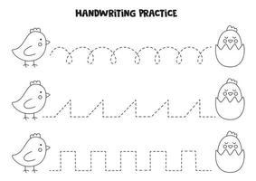 tracer des lignes avec de mignons poulets de pâques. pratique de l'écriture en noir et blanc. vecteur