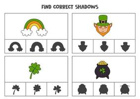 trouver l'ombre correcte des éléments du jour de la saint patrick. jeux de cartes imprimables pour enfants. vecteur