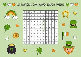 Puzzle de recherche de mots de la Saint-Patrick pour les enfants d'âge préscolaire. vecteur