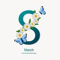 carte du 8 mars avec marguerites et papillons. journée internationale de la femme. vecteur