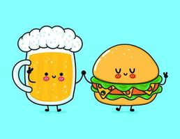 hamburger heureux mignon et drôle et bière. personnages de kawaii de dessin animé dessinés à la main de vecteur, icône d'illustration. drôle de bande dessinée hamburger et concept de personnage de mascotte de bière vecteur