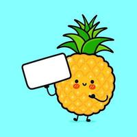 ananas drôle mignon avec affiche. icône d'illustration de personnage de dessin animé kawaii dessiné à la main de vecteur. isolé sur fond bleu. heureux, ananas, penser, concept vecteur