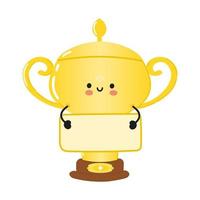 jolie tasse de trophée d'or drôle avec affiche. icône d'illustration de personnage de dessin animé kawaii dessiné à la main de vecteur. isolé sur fond bleu. heureux, trophée or, tasse, penser, concept vecteur