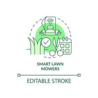 icône de concept vert de tondeuses à gazon intelligentes. illustration de ligne mince d'idée abstraite d'agriculture intelligente. machine autonome. dessin de contour isolé. trait modifiable. arial, myriade de polices pro-gras utilisées vecteur