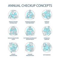 ensemble d'icônes de concept bleu de contrôle annuel. idée d'examen médical régulier illustrations en couleur de ligne mince. prévention des complications de la maladie. soins de santé. dessins de contour isolés de vecteur. trait modifiable vecteur