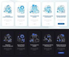 écran de la page de l'application mobile d'intégration des tendances de recyclage. procédure pas à pas de l'industrie des déchets instructions graphiques en 5 étapes avec concepts. modèle vectoriel ui, ux, gui avec illustrations linéaires en mode nuit et jour