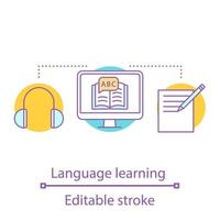 icône de concept d'apprentissage des langues en ligne. vérification orthographique. cours de langues étrangères. apprentissage en ligne. idée de cours en ligne illustration de la ligne mince. dessin de contour isolé de vecteur. trait modifiable vecteur