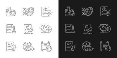 diverses icônes linéaires de matières scolaires définies pour le mode sombre et clair. . cours de santé dans les établissements d'enseignement. symboles de lignes fines personnalisables. illustrations vectorielles isolées. trait modifiable vecteur