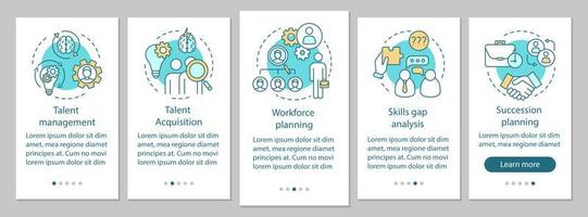 modèle de vecteur d'écran de page d'application mobile d'intégration de gestion des talents. planification de la main-d'œuvre, acquisition de talents. étapes du site Web pas à pas, illustrations linéaires. concept d'interface de smartphone ux, ui, gui