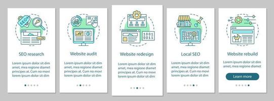 modèle de vecteur d'écran de page d'application mobile d'intégration de consultation Web. recherche seo. refonte du site, audit. étapes du site Web pas à pas avec des illustrations linéaires. concept d'interface de smartphone ux, ui, gui