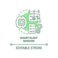 icône de concept vert de capteurs de plantes intelligentes. vérifier l'humidité du sol à distance dans l'illustration de la ligne mince de l'idée abstraite de la serre. dessin de contour isolé. trait modifiable. arial, myriade de polices pro-gras utilisées vecteur