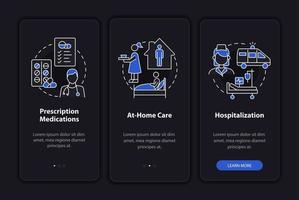 traiter l'écran de la page de l'application mobile d'intégration de la pneumonie. procédure pas à pas de prescription de médicaments instructions graphiques en 3 étapes avec concepts. modèle vectoriel ui, ux, gui avec illustrations linéaires en mode nuit