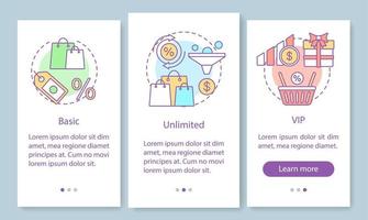 remises, abonnement aux bonus écran de page d'application mobile d'intégration avec des concepts linéaires. tarif de base, vip. instructions graphiques en trois étapes. ux, ui, modèle vectoriel gui avec illustrations