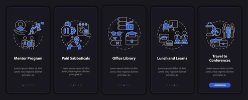 incitations au développement du personnel intégration de l'écran de la page de l'application mobile. instructions graphiques en 5 étapes avec des concepts linéaires. ui, ux, modèle d'interface graphique. mode nuit. une myriade de polices pro-gras régulières utilisées vecteur