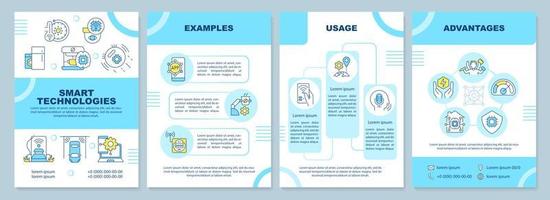 modèle de brochure turquoise de technologies intelligentes. utilisation et avantages. conception de dépliant avec des icônes linéaires. 4 mises en page vectorielles pour la présentation, les rapports annuels. arial-black, une myriade de polices pro-régulières utilisées vecteur