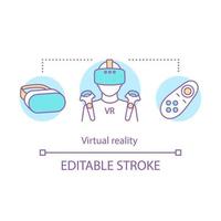 icône de concept de réalité virtuelle. simulateur vr. cyberespace. casque, contrôleurs. lecteur vr, illustration de fine ligne d'idée de joueur. dessin de contour isolé de vecteur. trait modifiable vecteur