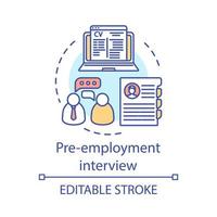 icône de concept d'entretien préalable à l'emploi. agence rh. service de l'emploi, chasseur de têtes, trouver un emploi. illustration de la fine ligne de l'idée de la réunion de recrutement. dessin de contour isolé de vecteur. trait modifiable vecteur