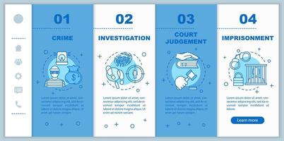 modèle de vecteur d'écran de page d'application mobile d'intégration des forces de l'ordre. enquête, emprisonnement, jugement du tribunal pas à pas avec des illustrations linéaires. concept d'interface de smartphone ux, ui, gui