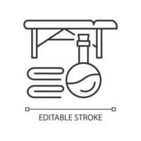 icône linéaire de table de massage. soins du corps et de la peau. massothérapie pour le soulagement musculaire. masseur. illustration personnalisable en ligne mince. symbole de contour. dessin de contour isolé de vecteur. trait modifiable vecteur
