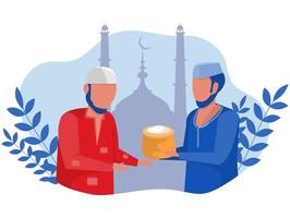 zakat ramadan, zakat sadaqah concept de don dans l'islam, peuple musulman donnant au pauvre illustrateur de vecteur plat