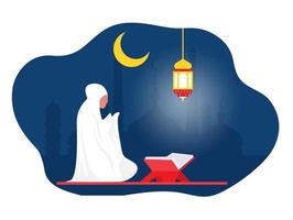 nuit de ramadan avec un personnage féminin musulman assis sur ses genoux, priez, demandez de l'aide à dieu. foi, religion, problème conceptvector vecteur