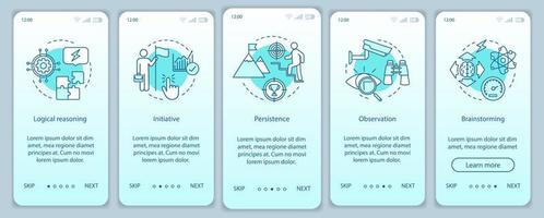 modèle de vecteur d'écran de page d'application mobile d'intégration des compétences des employés de base. Étapes du site Web pas à pas sur les qualités douces de RH. observation, initiative, réflexion. concept d'interface de smartphone ux, ui, gui