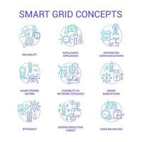 jeu d'icônes de concept de gradient bleu smart grid. système d'ingénierie contemporain. idée d'énergie électrique illustrations en couleur de ligne mince. dessins de contour isolés. roboto-medium, myriade de polices pro-gras utilisées vecteur