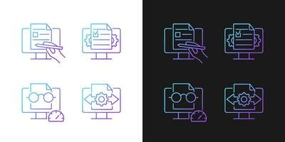 maîtrise des icônes de gradient de gestion de documents définies pour les modes sombre et clair. écriture numérique. ensemble de symboles de contour de ligne mince. collection d'illustrations vectorielles isolées en noir et blanc vecteur