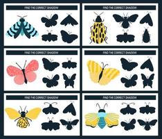 insectes, papillons, mites. trouver la bonne ombre, un jeu éducatif pour les enfants. style de dessin animé illustration vectorielle vecteur