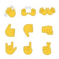 jeu d'icônes de couleur emojis geste de la main. agitant, stop, jazz, pouces vers le haut et vers le bas, poing, je t'aime, chance, mensonge gesticulant. mains ouvertes, doigts croisés. illustrations vectorielles isolées vecteur