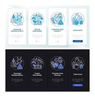 avantages de l'écran d'application mobile d'intégration en mode nuit et jour gmo. pages d'instructions graphiques en 4 étapes avec des concepts linéaires. ui, ux, modèle d'interface graphique. une myriade de polices pro-gras régulières utilisées vecteur