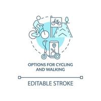 options pour l'icône de concept de vélo et de marche. illustration de la ligne mince de l'idée abstraite de la solution de la ville. accès aux sentiers pédestres. système de partage de vélos. dessin de couleur de contour isolé de vecteur. trait modifiable vecteur