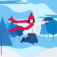 belle fille dans une écharpe rouge et une veste blanche sautant sur fond de parc d'hiver ou de forêt. illustration plate de paysage d'hiver en couleur bleue vecteur