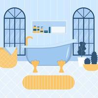 design d'intérieur de salle de bain moderne et confortable avec des plantes d'intérieur. belle fenêtre arquée. illustration plate en couleur bleue et jaune. vecteur