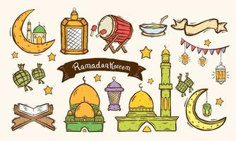 ensemble d'éléments de doodle islamiques liés au houx ramadan. concept de design symboles et icônes islamiques avec style de croquis dessiné à la main vecteur