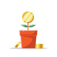 pot de fleur en pièce d'or, solution créative pour gagner de l'argent, motivation au bureau. illustration de dessin animé de style plat de vecteur isolé sur fond blanc. concept de réussite commerciale