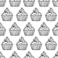 modèle sans couture de cupcake dessiné main mignon. gâteau de contour de fine ligne noire sur fond blanc. livre de coloriage pour la page des adultes. vecteur