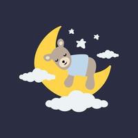 mignon bébé ours dormant sur la lune avec des nuages et des étoiles. illustration vectorielle. vecteur