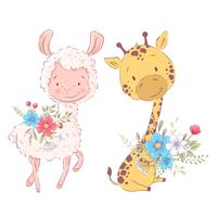 Illustration de bande dessinée d&#39;un lama et d&#39;une girafe mignons. Illustration vectorielle vecteur