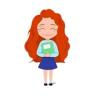 une écolière embrasse un livre. la fille rousse sourit. illustration vectorielle sur fond blanc isolé. image de stock vecteur