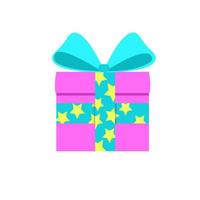 cadeau dans une boîte rose avec un ruban bleu avec une étoile. surprendre avec un bel arc. style plat. pour un logo, une bannière ou une carte postale. vecteur