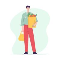 homme heureux avec un sac en papier plein d'épicerie. caractère de pleine longueur. faire les courses au supermarché. illustration de vecteur plat isolé sur fond blanc