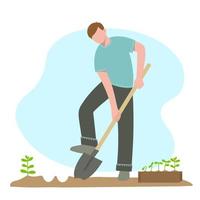 homme avec pelle creuse des trous pour planter des plantes vecteur