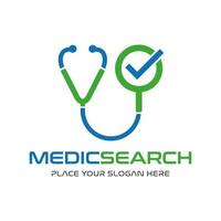 logotype de vecteur de recherche médicale. cette conception utilise une loupe et un symbole de stéthoscope. convient aux affaires de recherche de médecin.